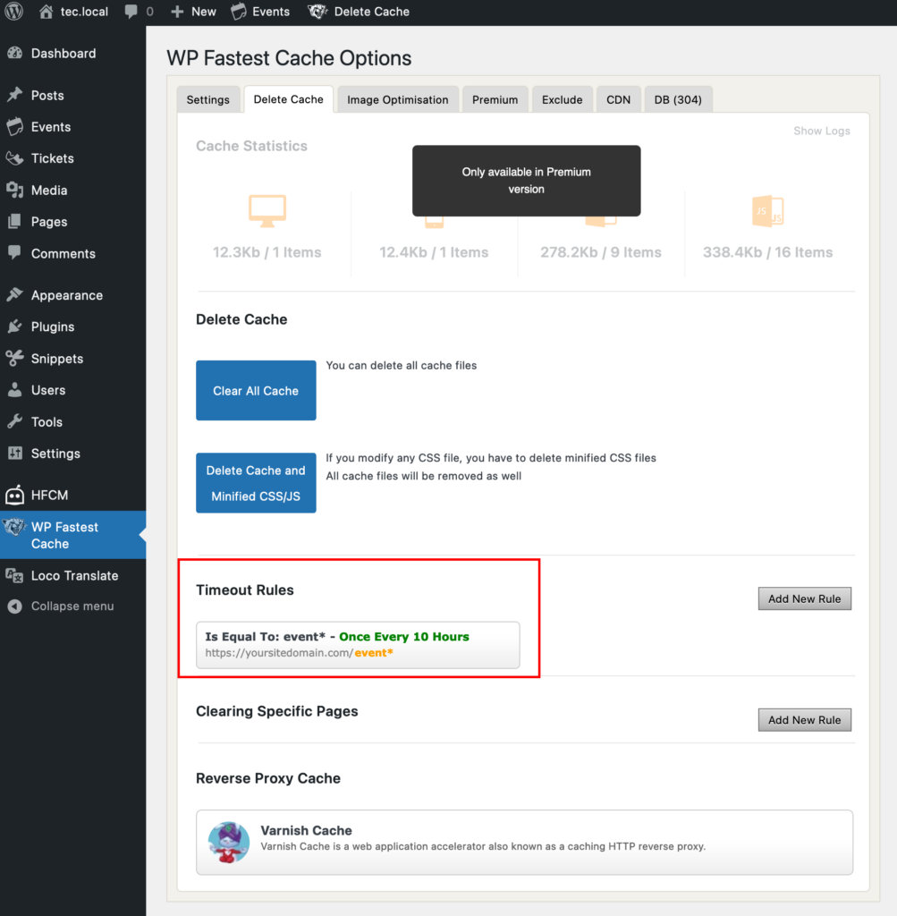 WP Fastest Cache Timeout Rules set to 10 hours