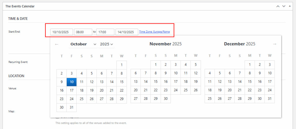 Creating a multi-day event in the Classic Editor