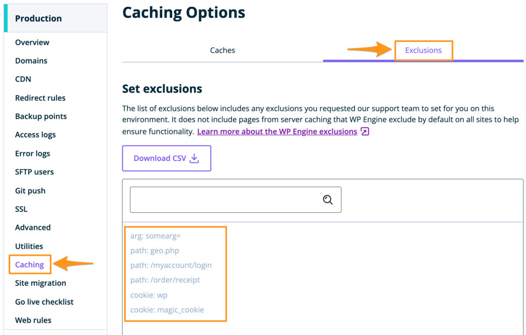 WP Engine Cache Exclusions screen