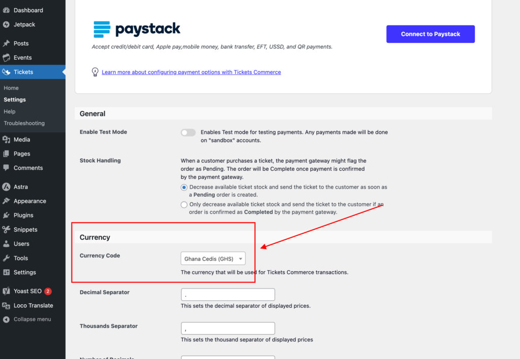 Image showing a custom currency, Ghana Cedis, added to the default currency list provided by the Event Tickets plugin.