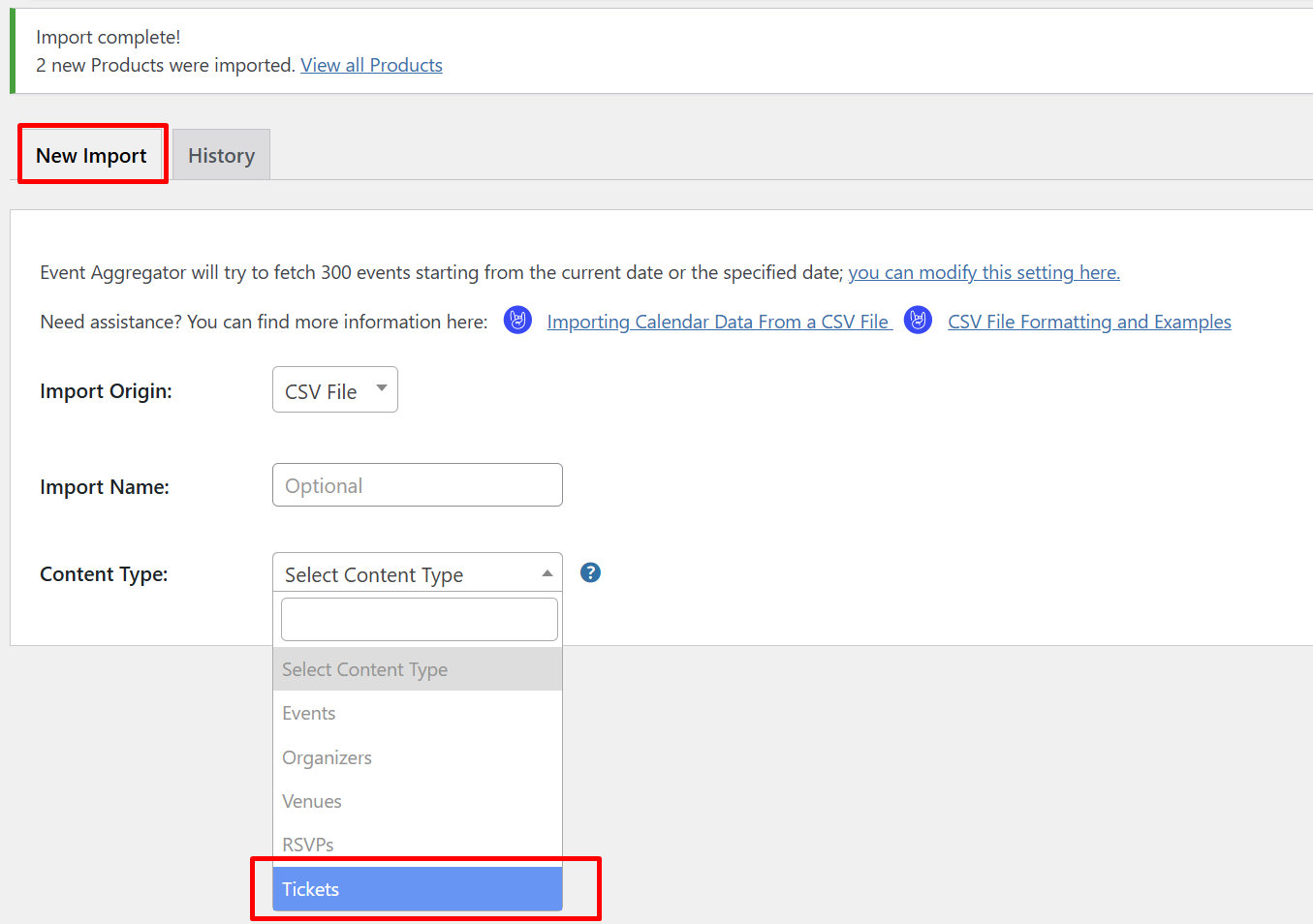 The import type dropdown showing the Tickets option, which only appears when WooCommerce is active