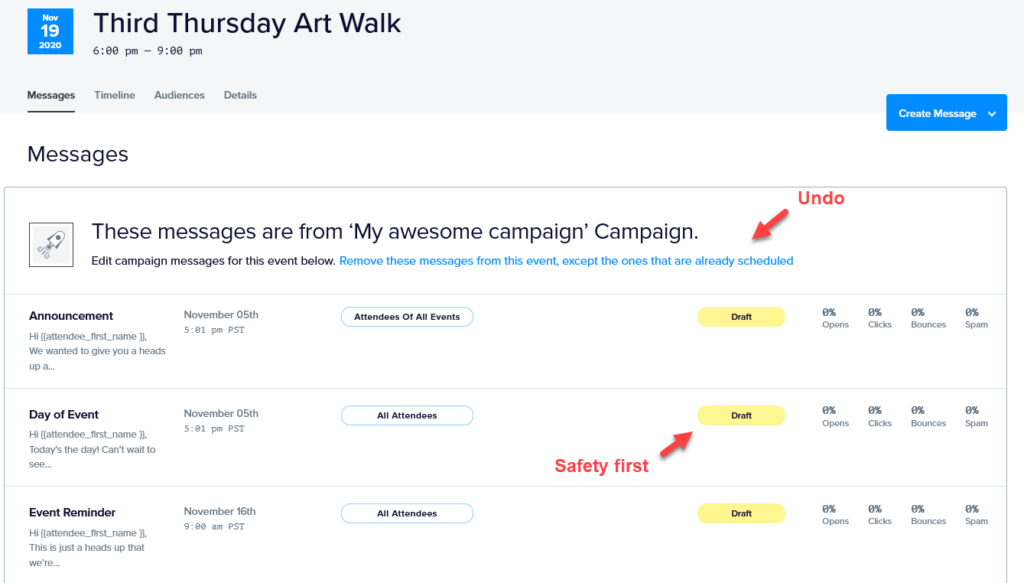 The messages list for an event after a campaign has been applied, showing all messages in Draft status