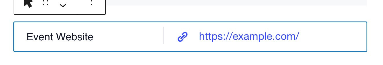 The Event Website block showing a URL field and button label field