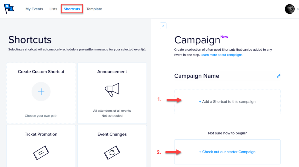 The two campaign creation options: manually select shortcuts or use the starter campaign