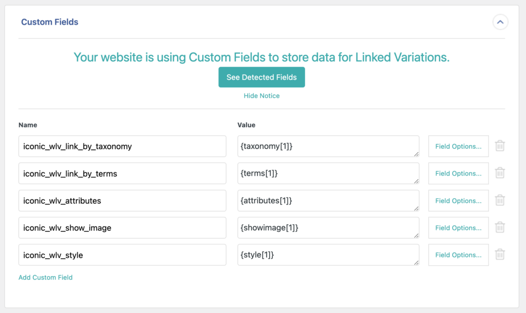 Linked Variations: custom fields.