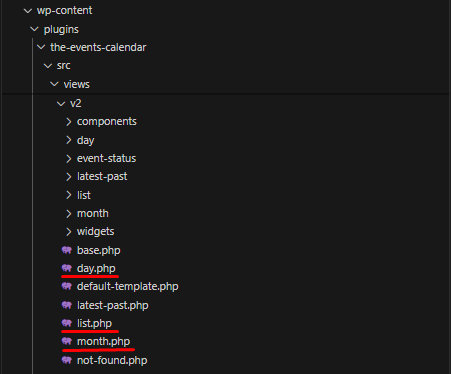 The top-level template files for The Events Calendar views inside the /src/views/v2/ folder