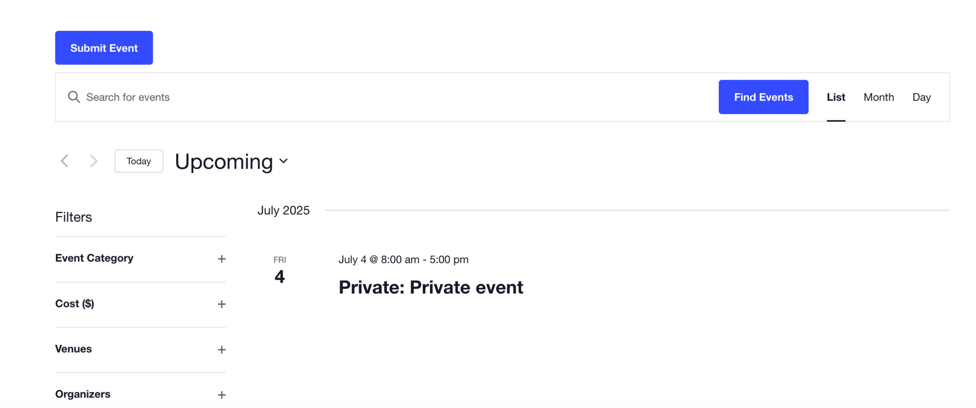 Submit Event button shown above the main calendar view