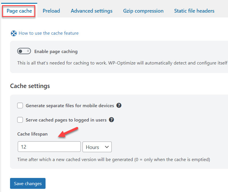 WP-Optimize Cache lifespan set to 12 hours