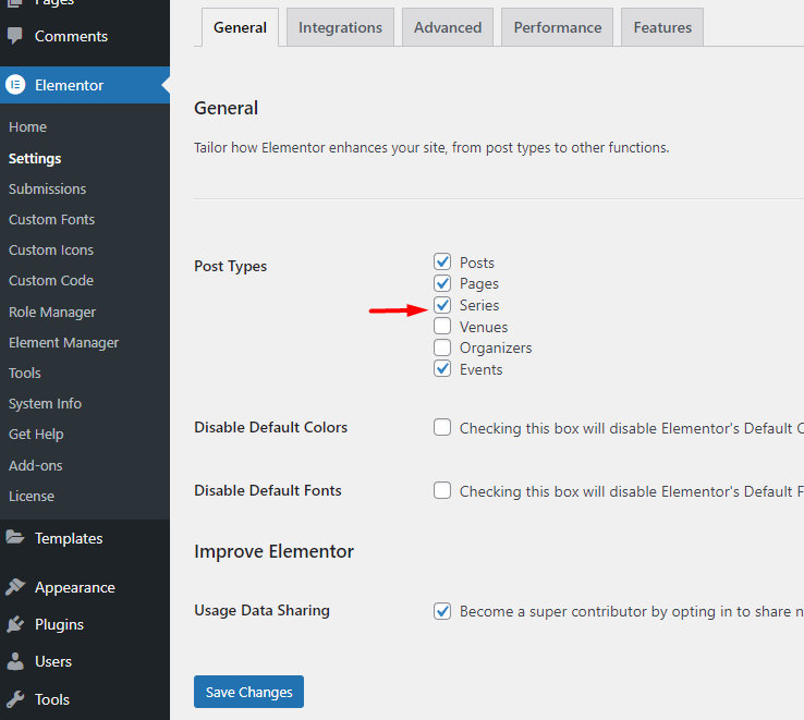 Elementor post types setting with Series enabled