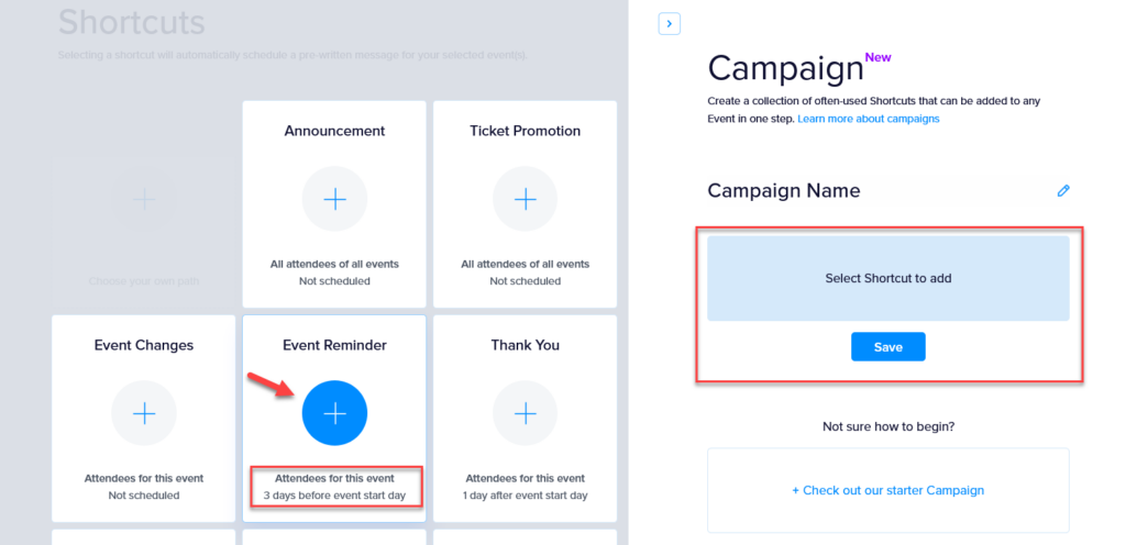 Shortcut Adding Mode in Promoter showing shortcuts with plus icons to add them to a campaign
