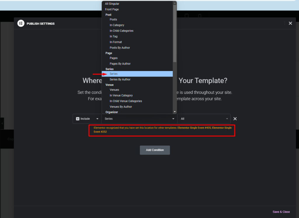 Elementor conflict warning for display conditions