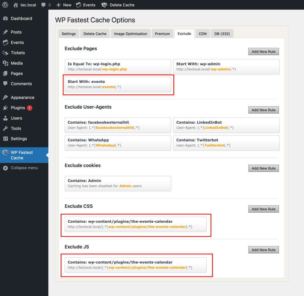 WP Fastest Cache Exclude settings showing /event, CSS, and JavaScript exclusions