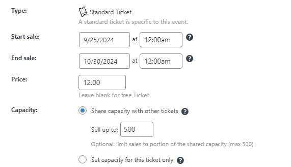 The same ticket in the event editor showing a limited capacity is configured