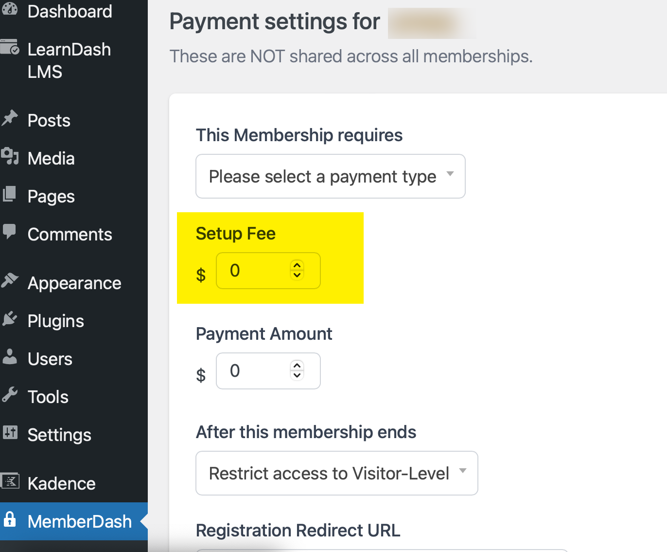 Setup Fee menu