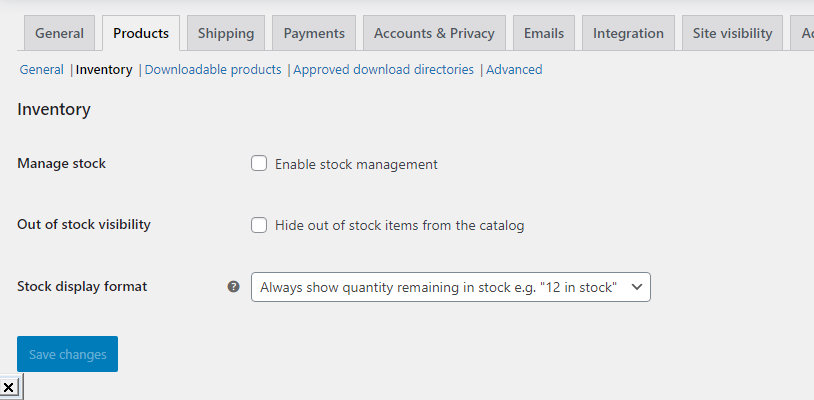 The WooCommerce Inventory settings screen with Manage stock disabled