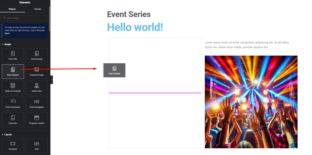 Elementor template builder with Post Content block added