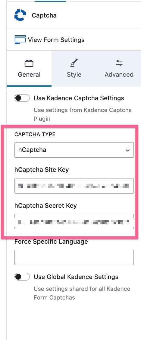 hCaptcha Block Settings