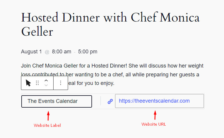 Block Editor showing the event website label and URL fields