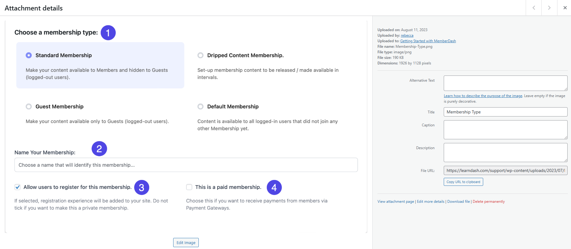 MemberDash Membership Type options screen