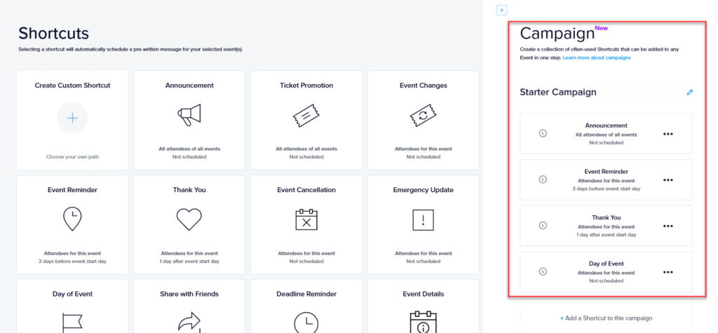 A campaign created from the Starter Campaign with shortcuts added