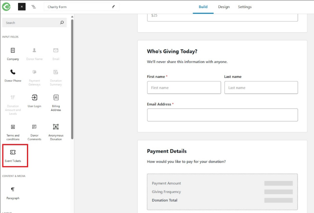 Event Tickets block in the Visual Donation Form Builder can be dragged and dropped into the donation form