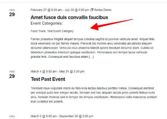 List View showing event categories below event details after template override