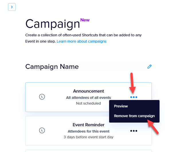 The contextual menu on a shortcut within a campaign, showing the Remove from campaign option