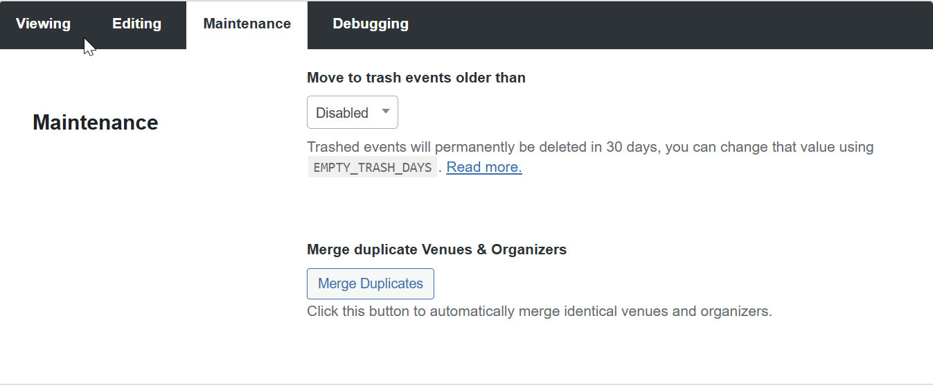 Maintenance settings in Events > Settings > General showing Move to trash and Merge Duplicate options
