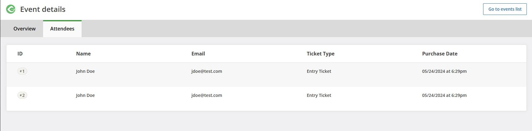 The Attendees tab for an event lists each ticket and the attendee it belongs to