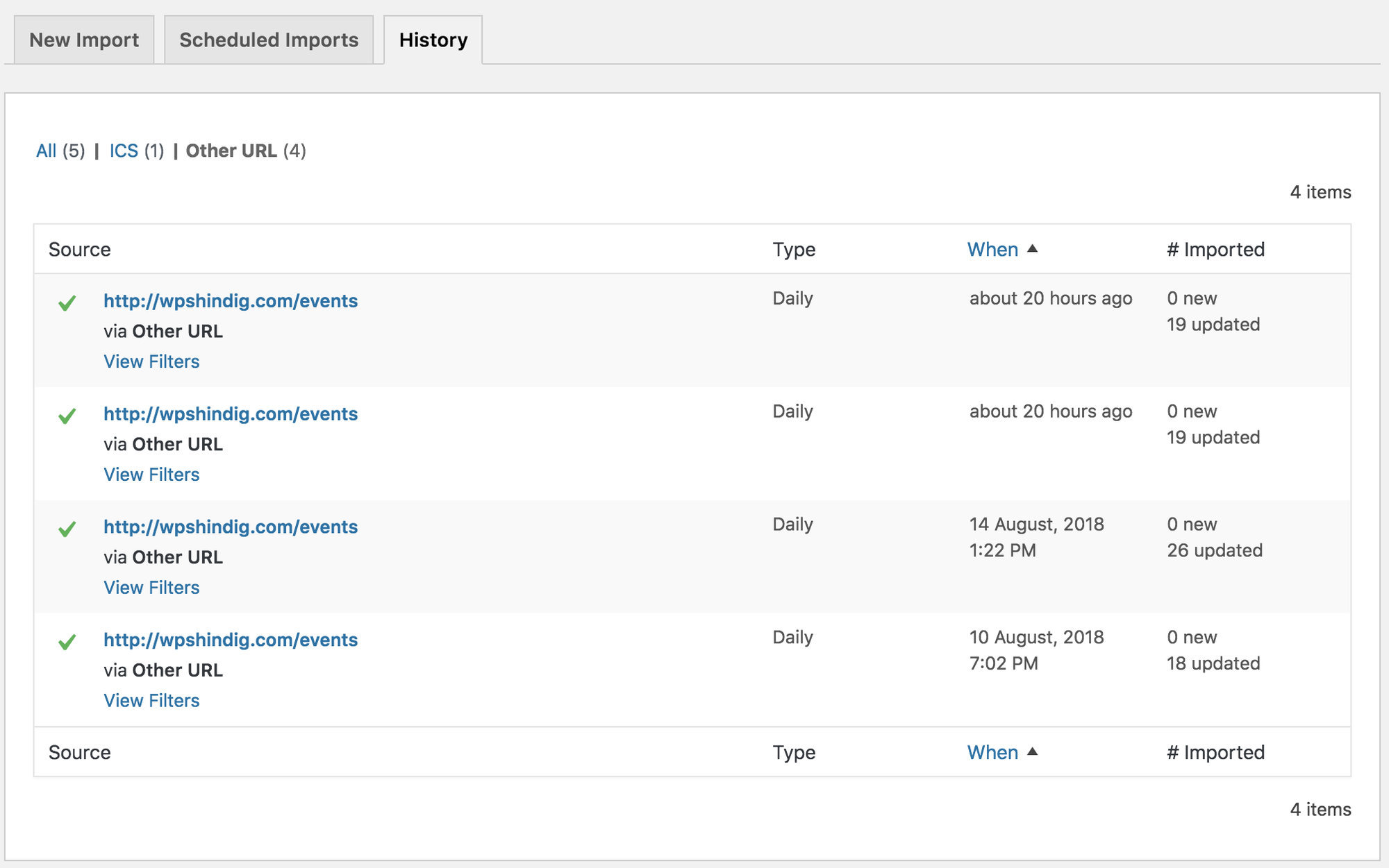 The Import History tab at Events > Import