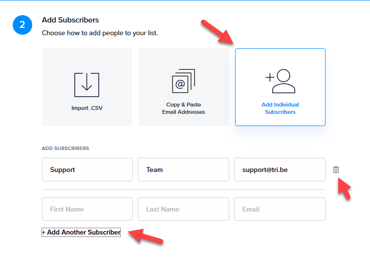 The add individual subscriber form on the Promoter Lists page