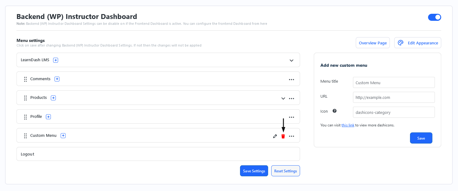 Instructor Dashboard submenus