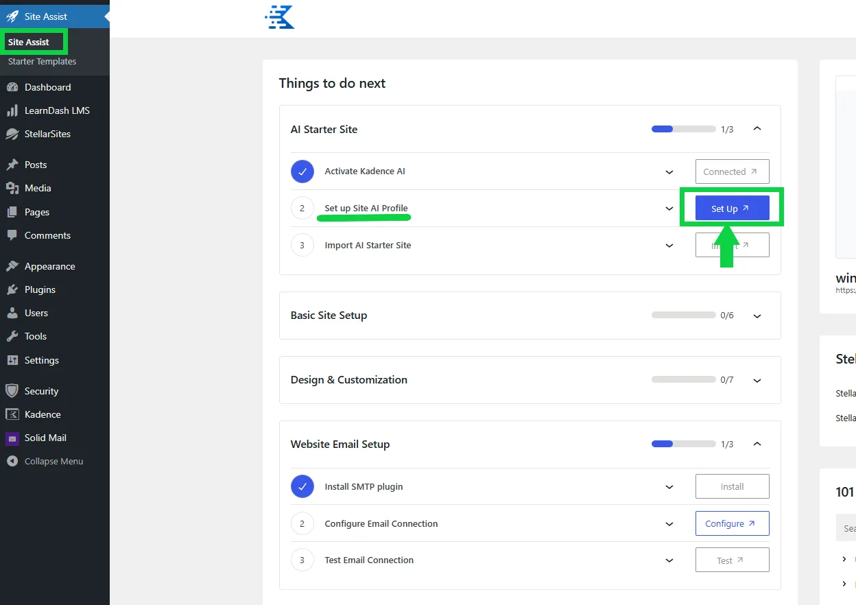 A website interface showing a "Things to do next" checklist for site setup. The "AI Starter Site" section has three items, with the second item "Set up Site AI Profile" highlighted, and a blue "Set Up" button adjacent to it. A sidebar menu on the left includes options like Site Assist, Dashboard, Posts, Media, and more. The "Website Email Setup" section shows progress with options to install an SMTP plugin, configure email connection, and test email connection.
