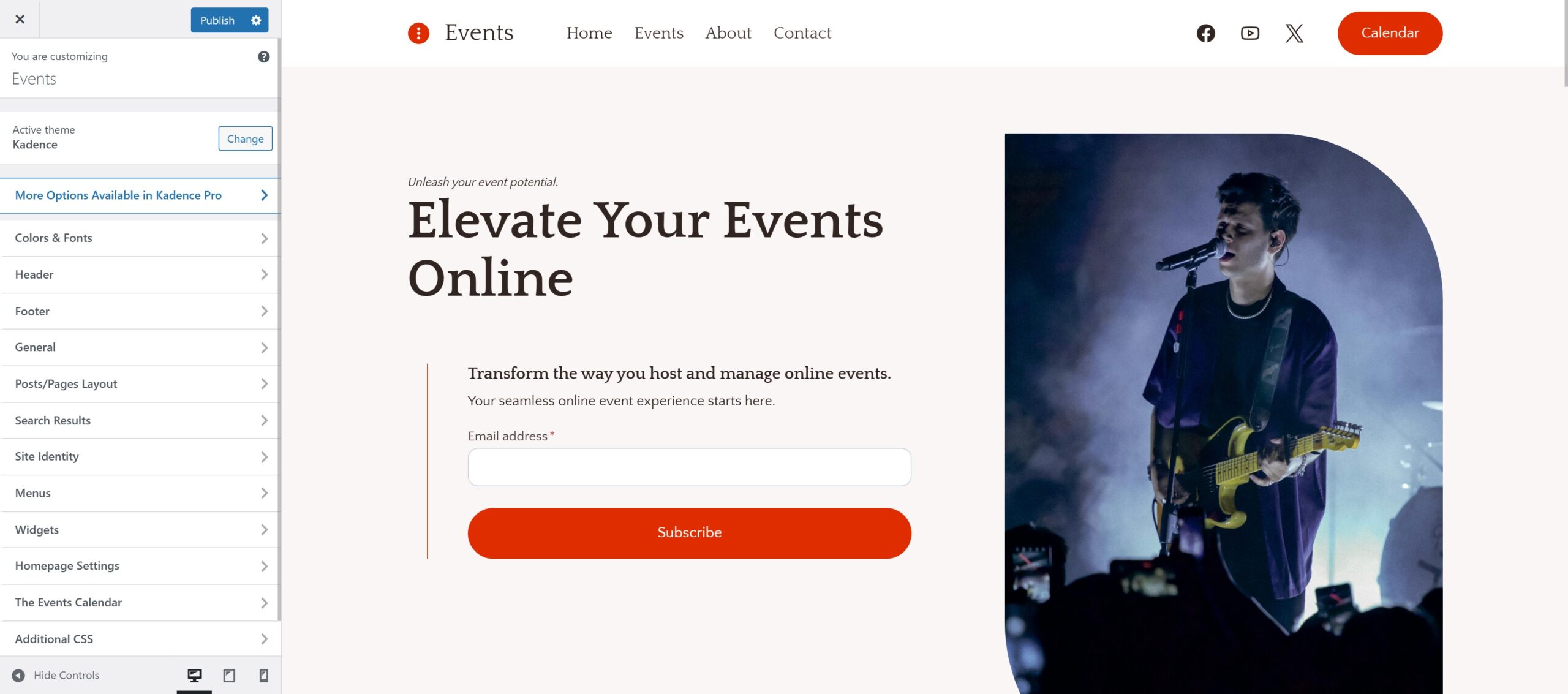 Webpage showing a customization panel with options such as colors, header, and layout on the left, and a subscription section with a heading "Elevate Your Events Online" and an email sign-up form on the right next to an image of a musician performing on stage.