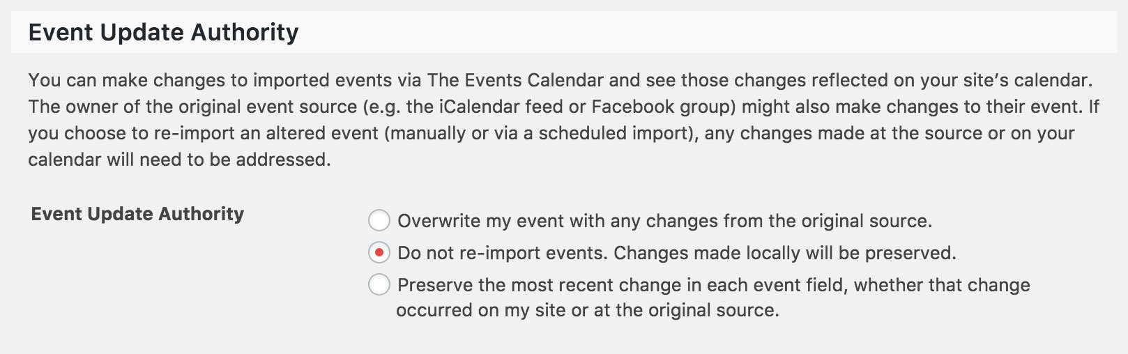 Event Update Authority setting at Events > Settings > Imports