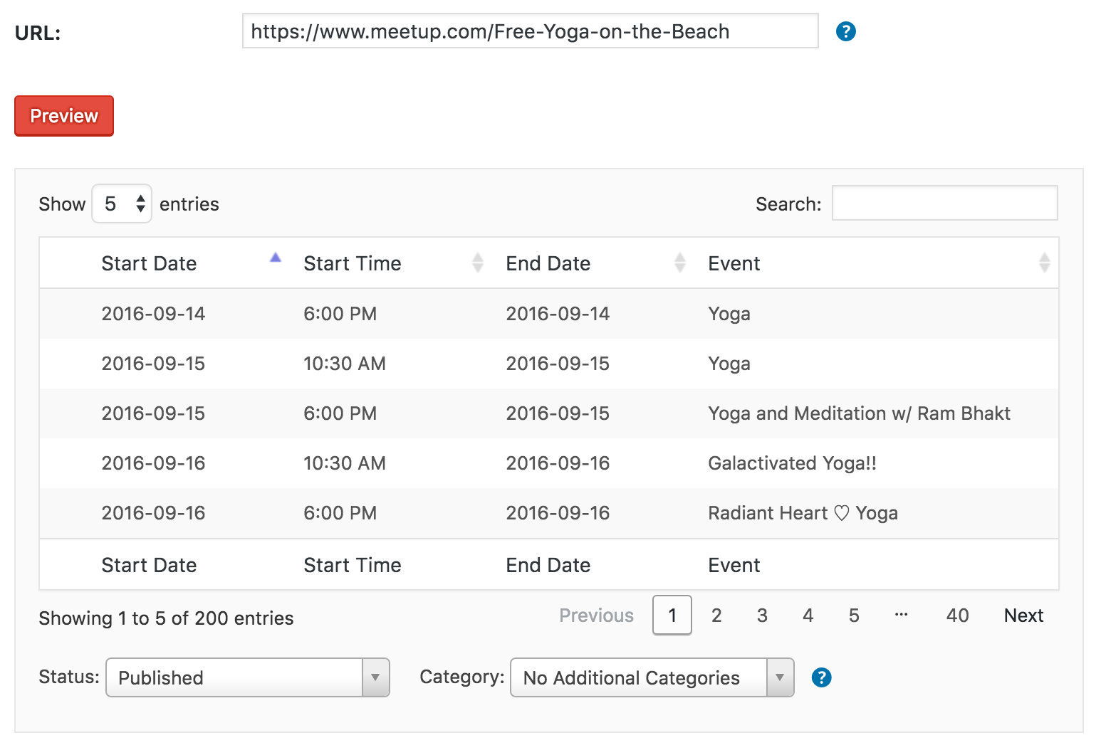 Previewing events before import