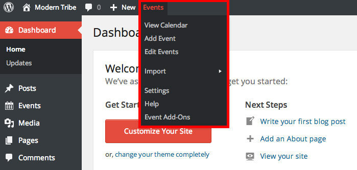 The Events Menu in the WP Admin Bar