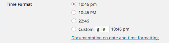 The Time Format options in WordPress General Settings