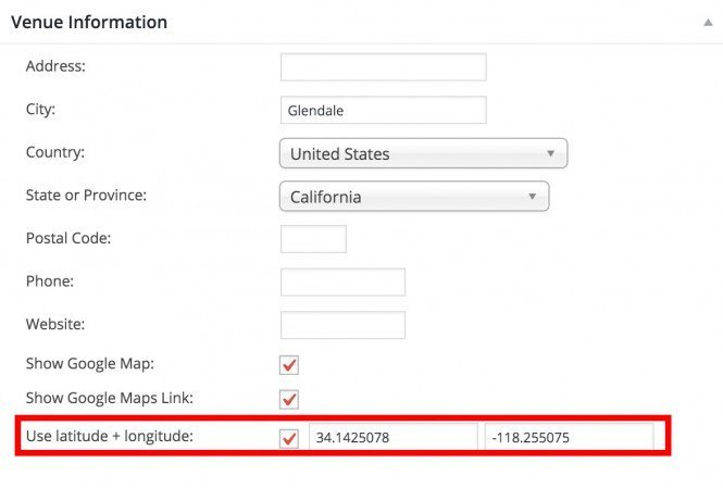 Screenshot of Events editor, Venue information, Use latitude + longitude when showing Google Maps
