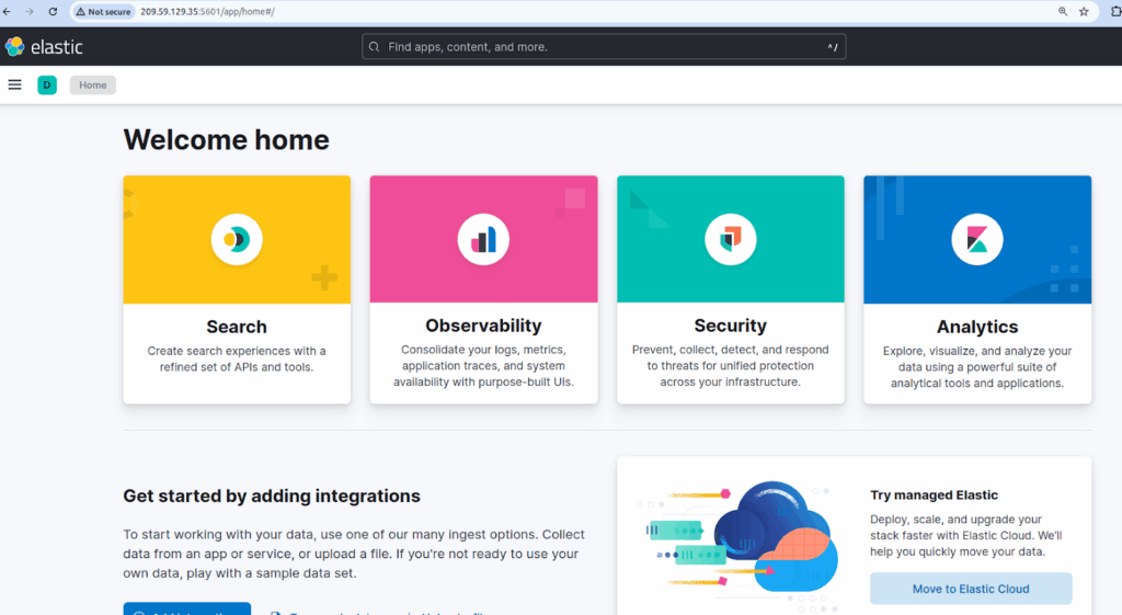 The Kibana dashboard's homepage looks like the one shown.