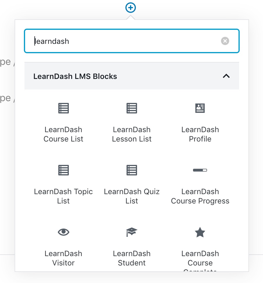 List of LearnDash blocks in editor