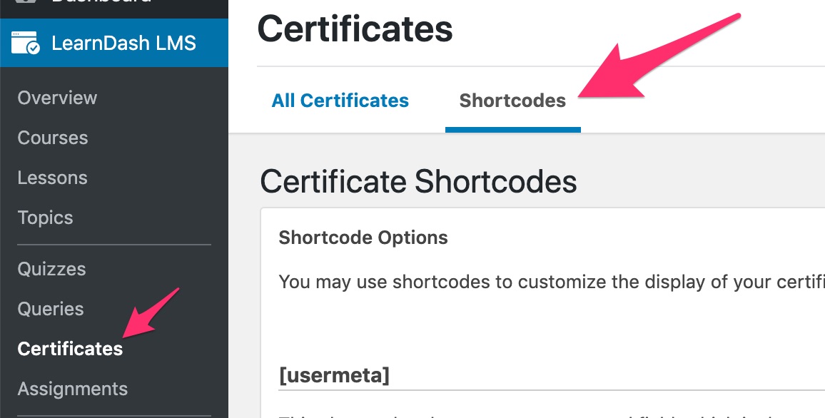 LearnDash certificate shortcodes in admin