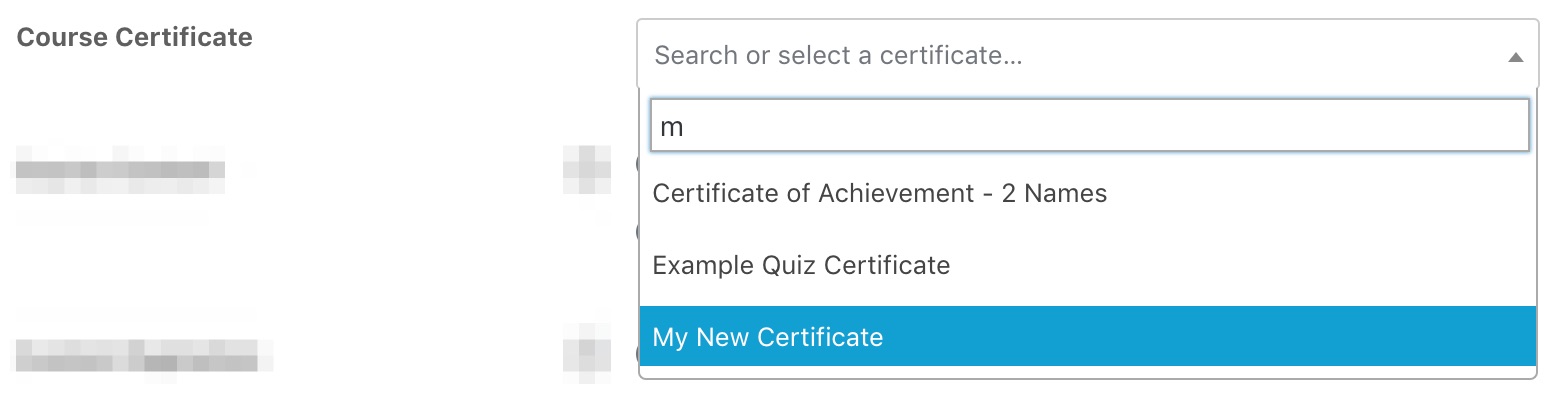 Choosing LearnDash certificate from dropdown