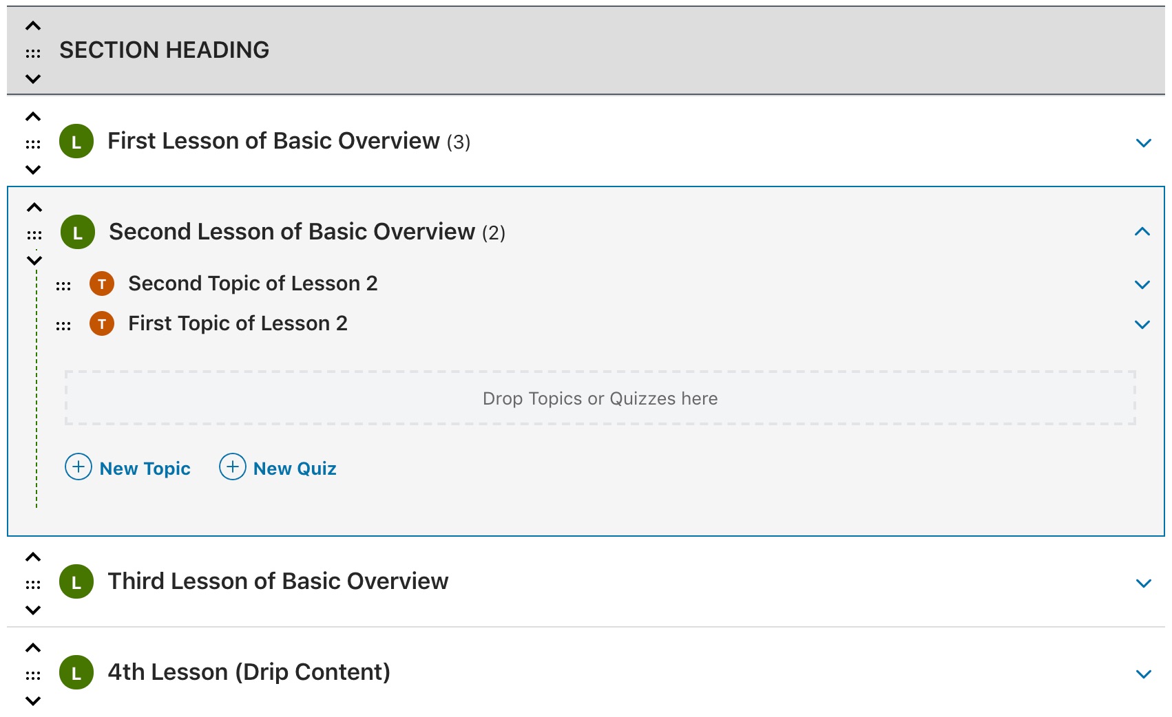 LearnDash course builder admin, main area