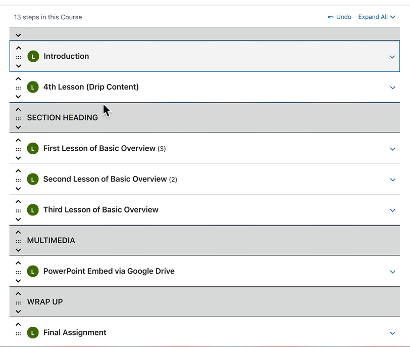 Move LearnDash course content with move arrows