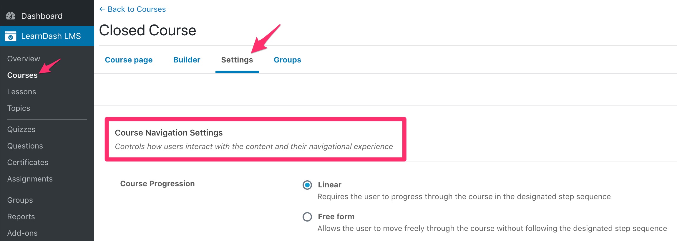 LearnDash navigation/progression settings