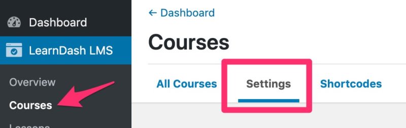 LearnDash course settings menu item
