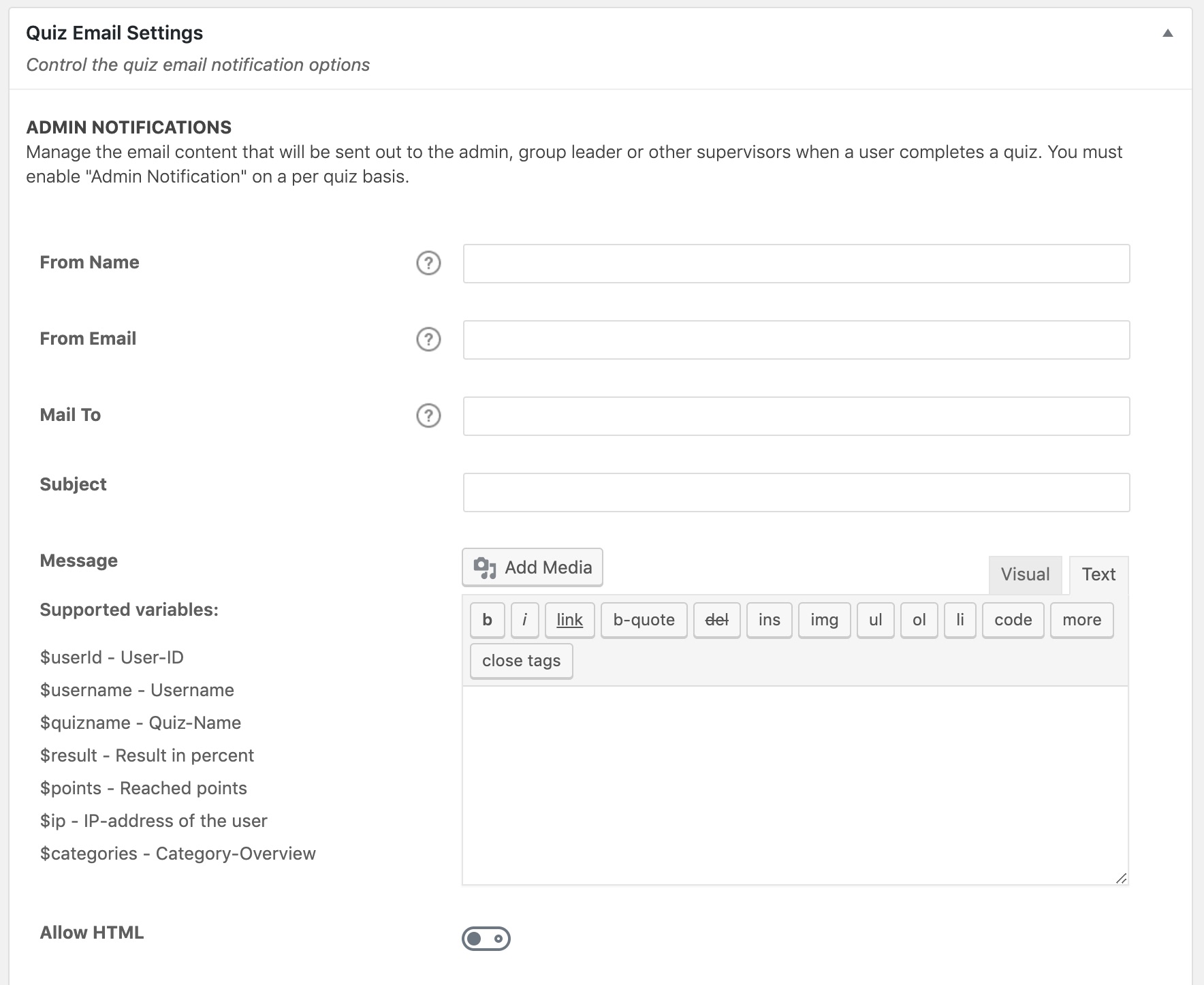 LearnDash global quiz email settings