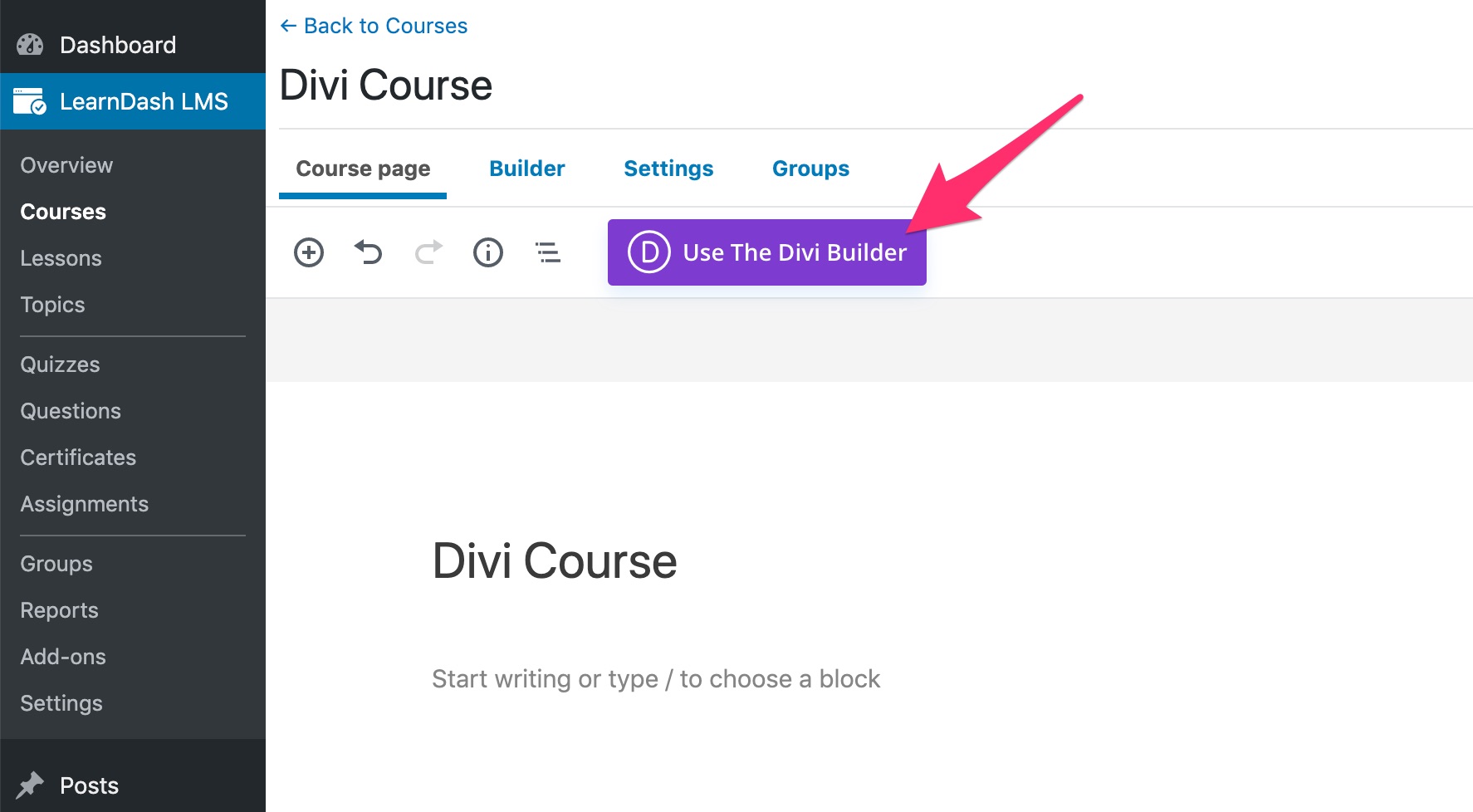 Launch Divi builder on LearnDash content