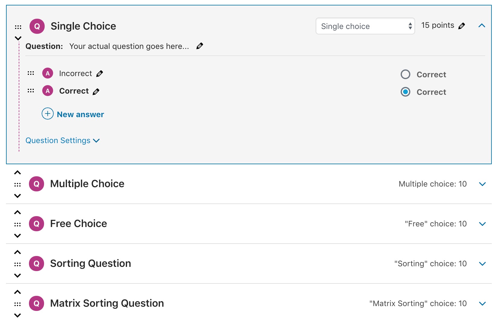 Main area of the LearnDash quiz builder